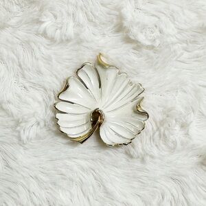 Vintage Signed Monet White Enamel Leaf Brooch